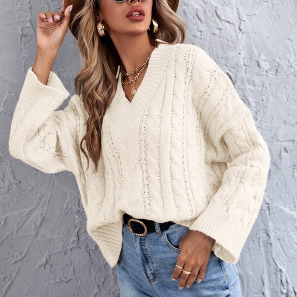 V neck Chunky Knit Cable Oversized Sweater Pink - Picture 10 of 14